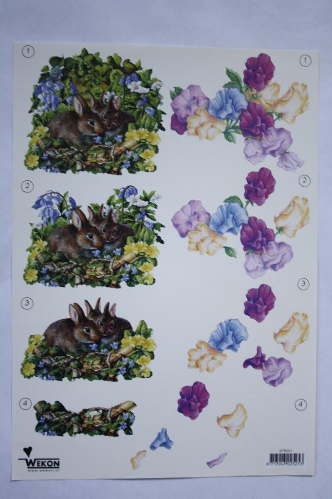 1 stuks knipvel 3D hazen en bloemen 7293, Ophalen of Verzenden, Nieuw, Natuur, Knipvel