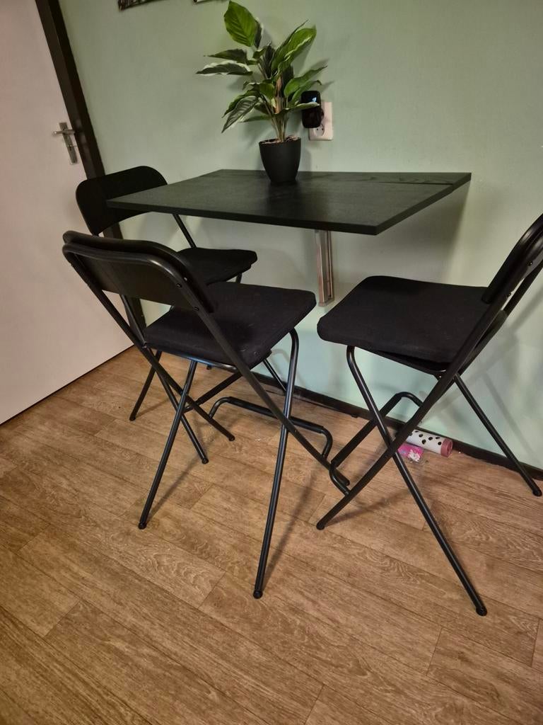 Inklapbare tafel met drie inklapbare barstoelen, Ophalen of Verzenden, Rechthoekig, 50 tot 100 cm