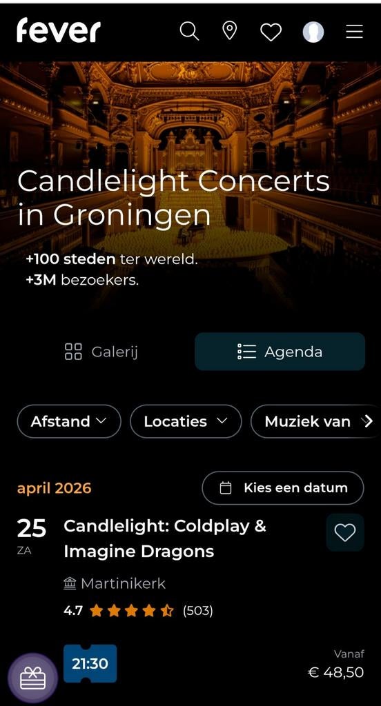 Vanavond:candlelight concert Martinikerk Groningen, Twee personen