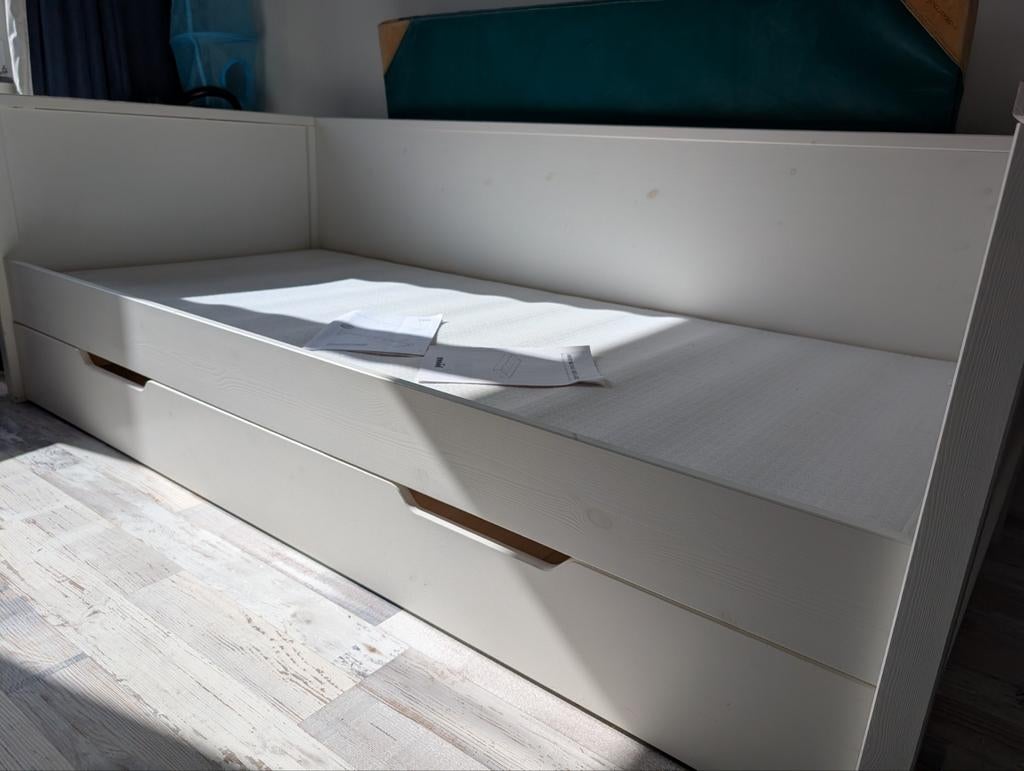 Nikki Bedbank met opberglade Woood 90x200, Ophalen, 85 tot 100 cm, Zo goed als nieuw, Lattenbodem