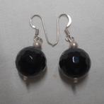 Zilveren oorbellen met zwart facet geslepen stenen nr.2193, Hangers, Verzenden, Zwart, Zo goed als nieuw