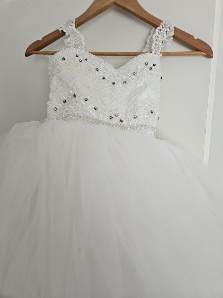 Prachtige witte kinderjurk met kralen en tule, Ophalen of Verzenden, Zo goed als nieuw, Meisje