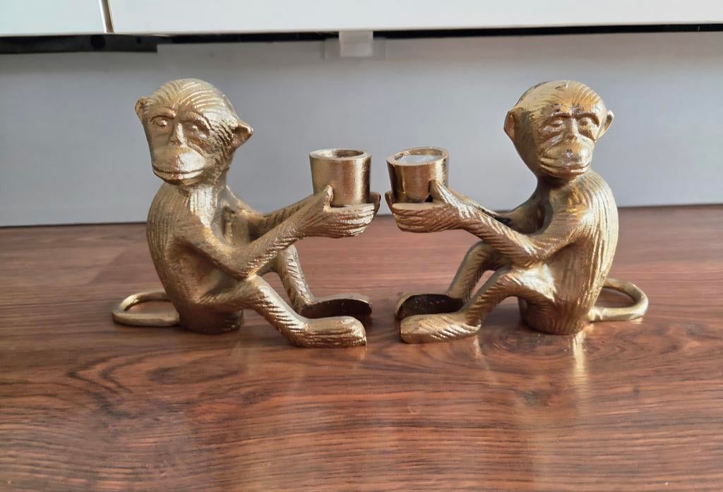Set van 2 bronzen apen kandelaars, Ophalen of Verzenden, Zo goed als nieuw