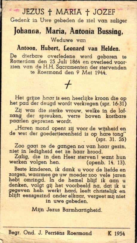 Bussing Johanna M.A. Rotterdam 1864-1944 Roermond, Ophalen of Verzenden