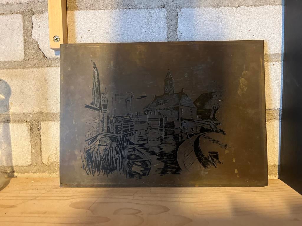 Koperen etsplaat met Hollands landschap, Antiek en Kunst, Ophalen, Ets, Origineel, Landschap