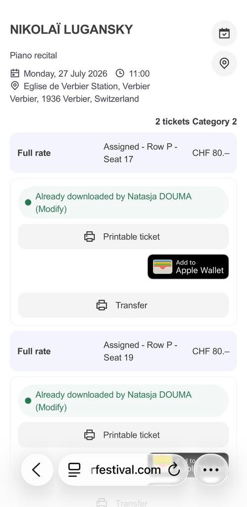 Tickets Verbier festival Zwitserland (Kissin, Schiff, etc), Tickets en Kaartjes, Twee personen, Overige soorten