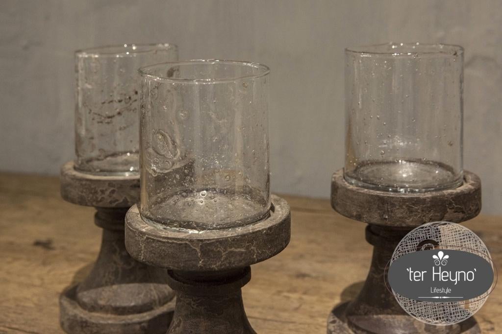 Waxinehouder glas op houten voet stoer sober landelijk, Verzenden, Nieuw, Hout, Kandelaar