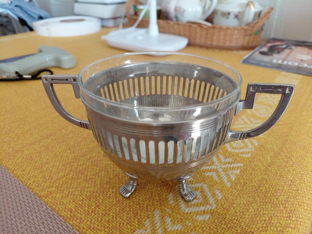 Fraaie oude verzilverde of verchroomde suikerpot met oortjes, Antiek en Kunst, Ophalen of Verzenden