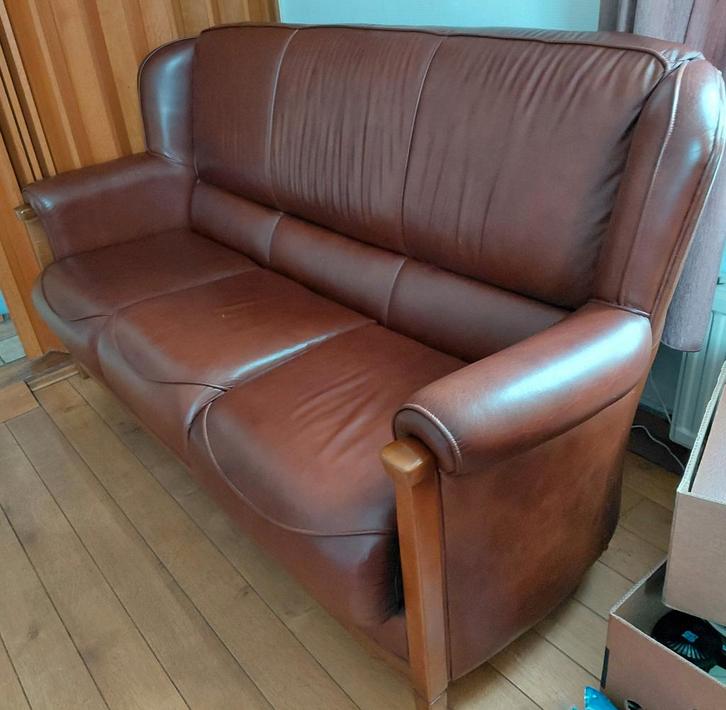 Leren bank met 2 fauteuils, Huis en Inrichting, Banken | Bankstellen, Gebruikt, Tweepersoons, 150 tot 200 cm, 75 tot 100 cm, Hout