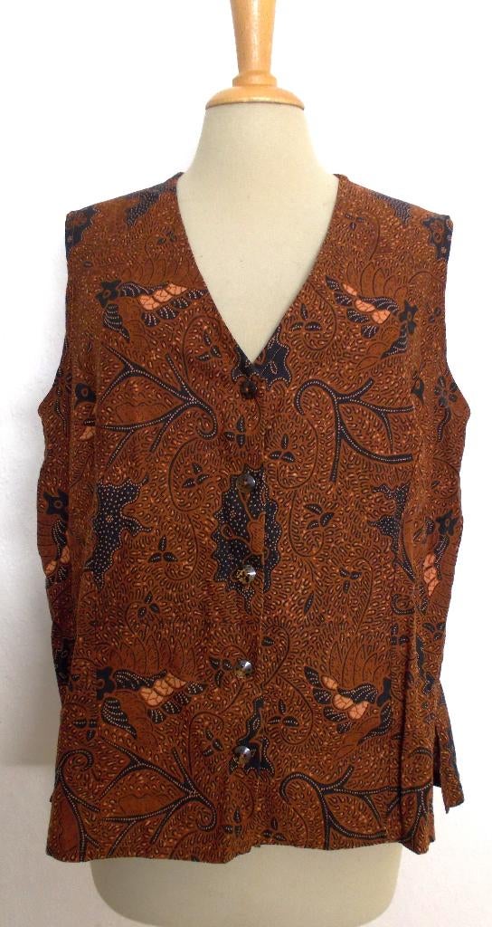 100% katoenen batik/ethnic bruin/zwart print gilet! L, Bruin, Verzenden, Maat 42/44 (L), Zo goed als nieuw