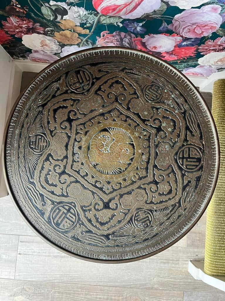 Prachtige ronde vintage bijzettafel met koperen blad, Ophalen