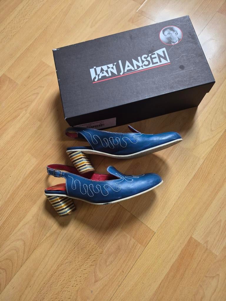 Jan Jansen Slingback Pumps  Blauw Leer  Gestreepte Hak, Pumps, Blauw, Jan Jansen, Ophalen of Verzenden