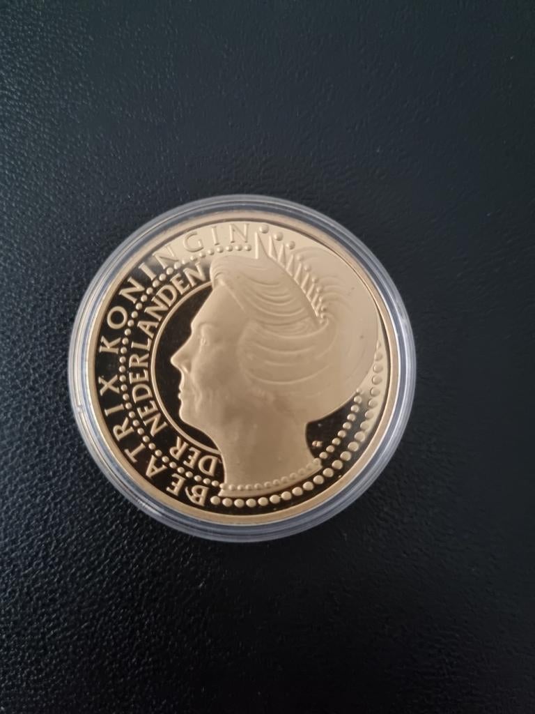 Goudkleurige 10 Florin Beatrix 30-jarig Regeringsjubileum, Postzegels en Munten, Munten | Nederland, Ophalen of Verzenden, Koningin Beatrix
