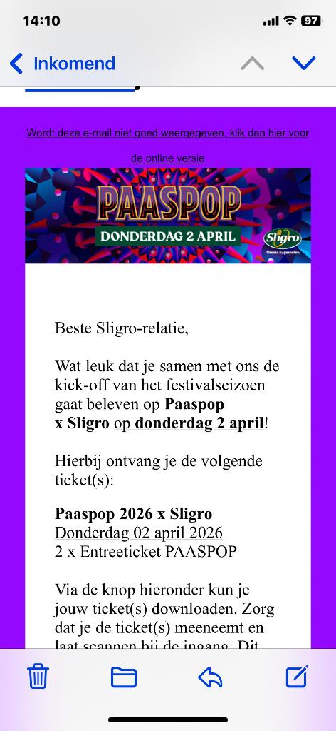 2 kaartjes sligro paaspop donderdag 2 april 2026, Twee personen, April, Overige typen