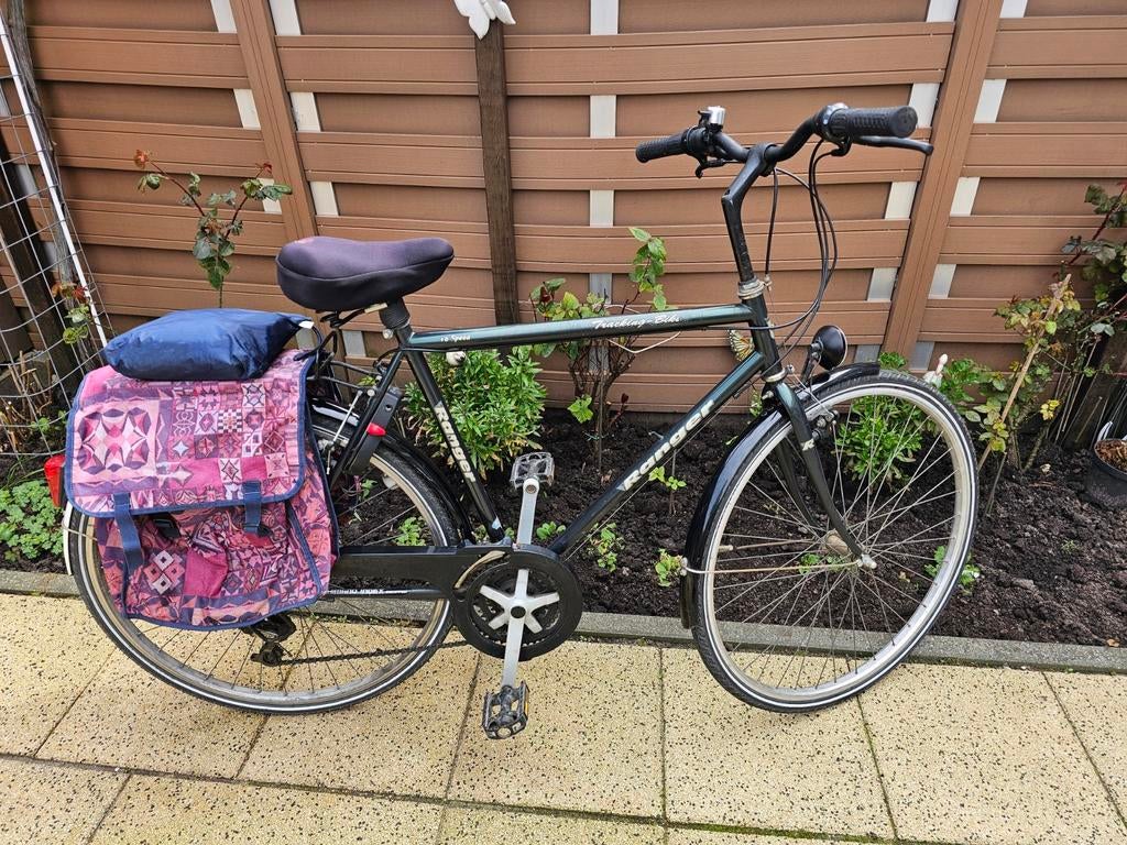 Herenfiets in goede staat met boodschappentas en regenpak, Gebruikt, Velgrem, Versnellingen, 57 tot 61 cm