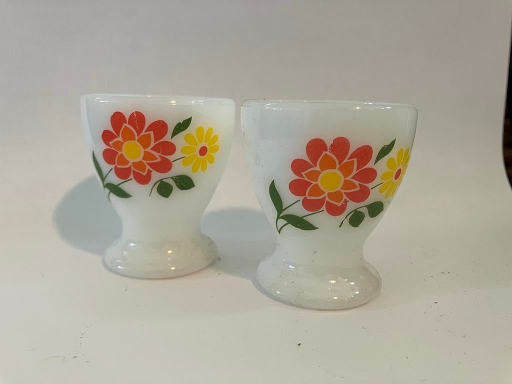 6 Arcopal Eierdopjes met Bloemenpatroon, Ophalen, Gebruikt, Overige typen, Glas