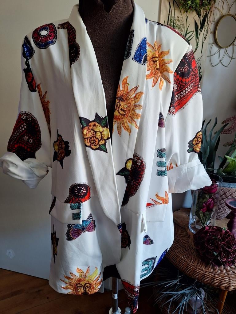Jasje blazer wit opdruk maat one size m l xl xxl, Kleding | Dames, Ophalen of Verzenden, Zo goed als nieuw, Maat 46/48 (XL) of groter