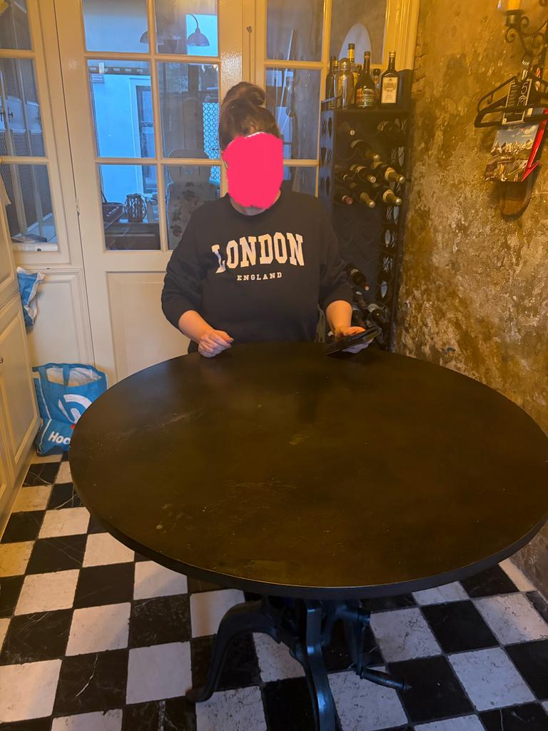 Ronde tafel, metalen blad, gietijzeren verstelbaar onderstel, Ophalen, Gebruikt, 50 tot 100 cm, 100 tot 150 cm