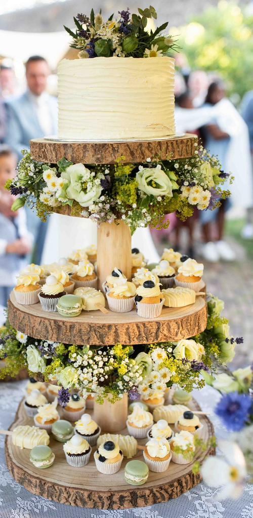 Taart etagère / Sweets standaard van boomschijven, Hobby en Vrije tijd, Feestartikelen, Versiering, Geboorte of Huwelijk, Ophalen