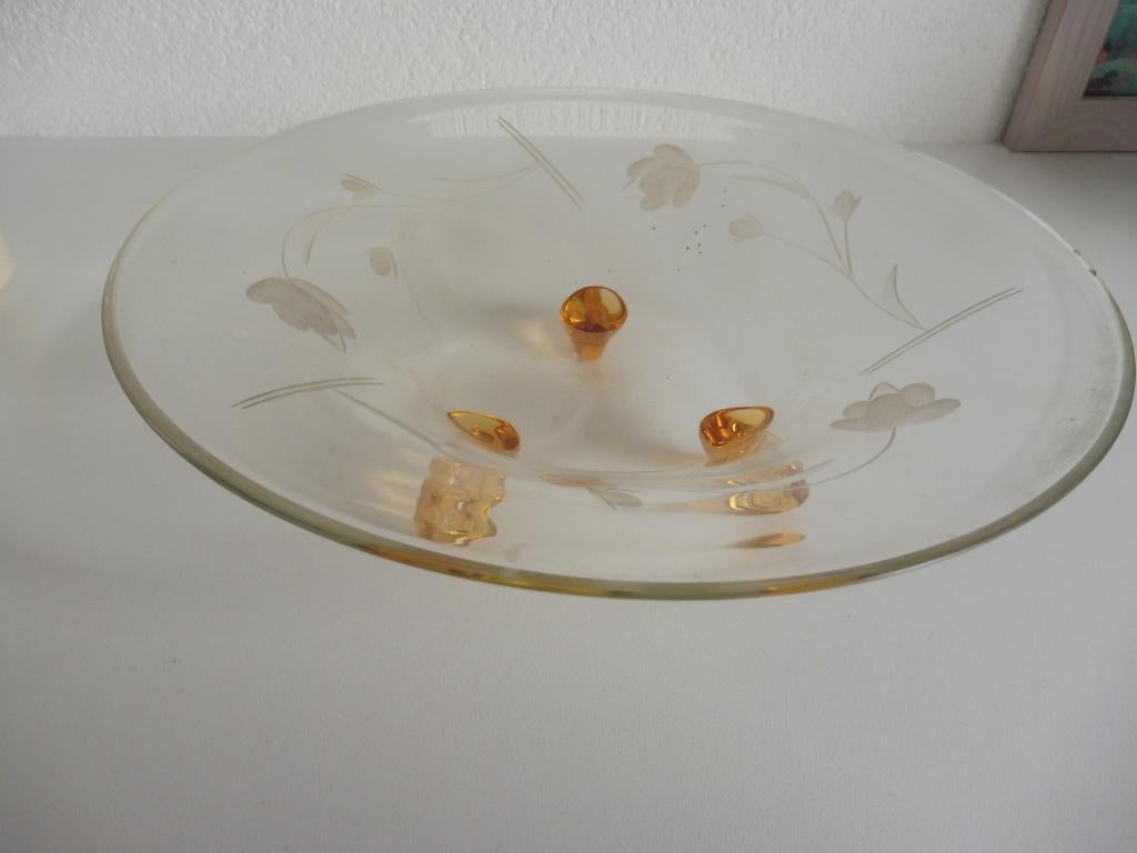 Mooie oude glazen schaal met gekleurde pootjes, Ophalen of Verzenden