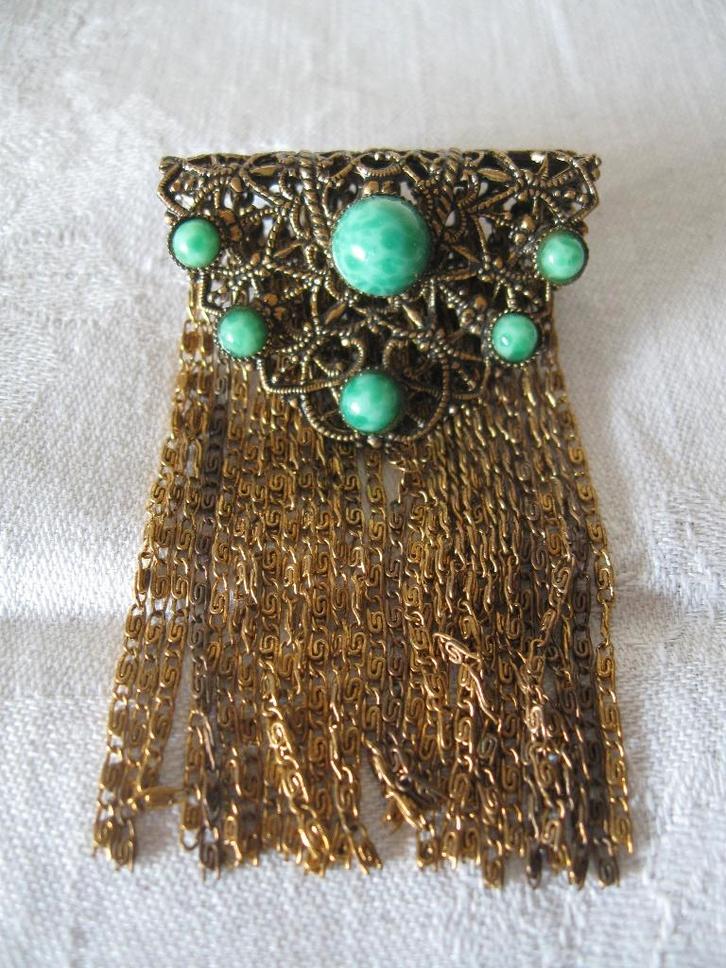 Oude broche filigraan met steentjes en franjes, Sieraden, Tassen en Uiterlijk, Antieke sieraden, Broche, Overige materialen, Ophalen of Verzenden
