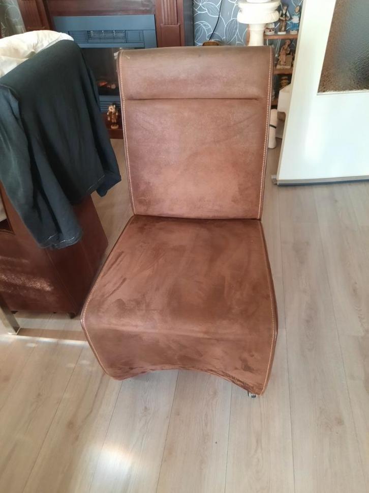 Eetkamerstoelen - Set van [Aantal] Bruine Stoelen, Huis en Inrichting, Stoelen, Gebruikt, Vier, Leer, Stof, Bruin, Ophalen of Verzenden