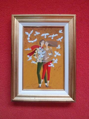 Carole B. Perret.1951.Verliefd stel met duiven.Naïeve kunst. beschikbaar voor biedingen