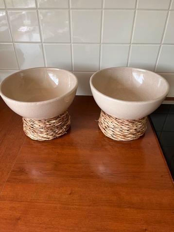 Set van 2 keramieken schalen met riet om de voet