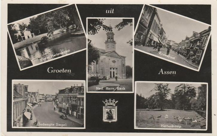 ASSEN Vijver Singel Kerk Kruisstraat Hertenkamp Groeten, Verzamelen, Ansichtkaarten | Nederland, Gelopen, Drenthe, 1940 tot 1960