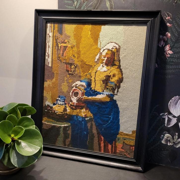 Borduurwerk Melkmeisje Vermeer - 51x41cm, Antiek en Kunst, Antiek | Kleden en Textiel, Ophalen of Verzenden