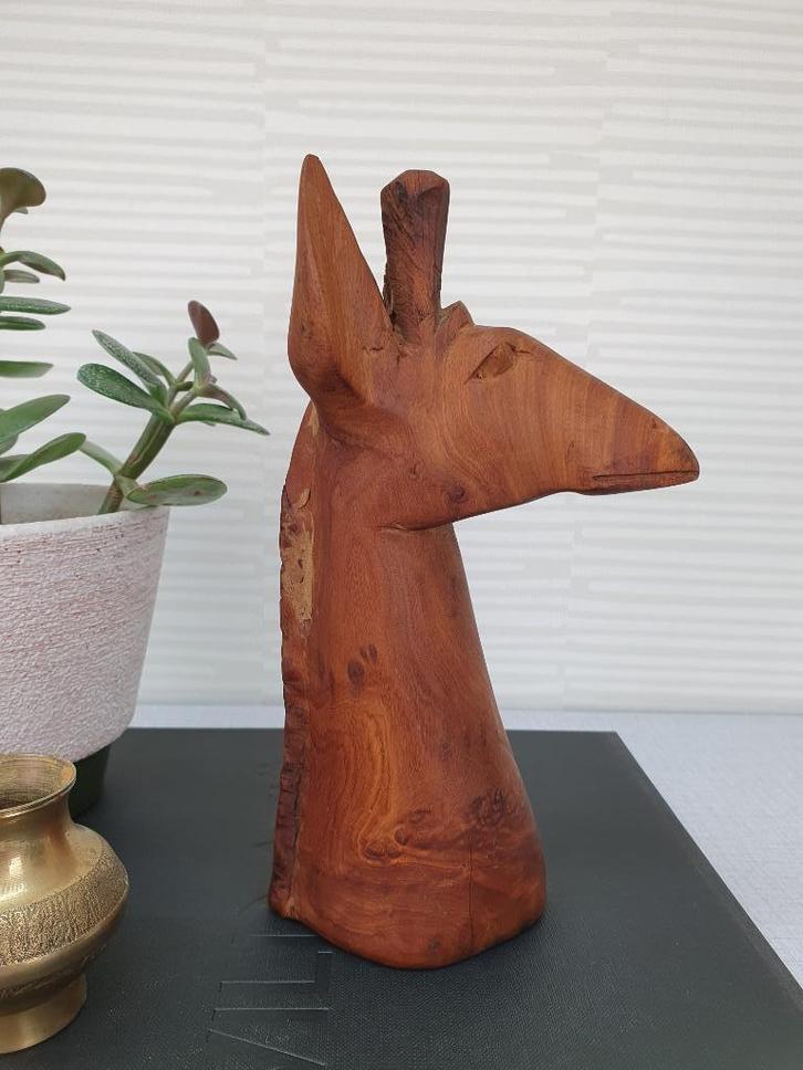 Giraf hoofd hout. Vintage handgesneden giraffe beeld., Huis en Inrichting, Woonaccessoires | Overige, Ophalen of Verzenden