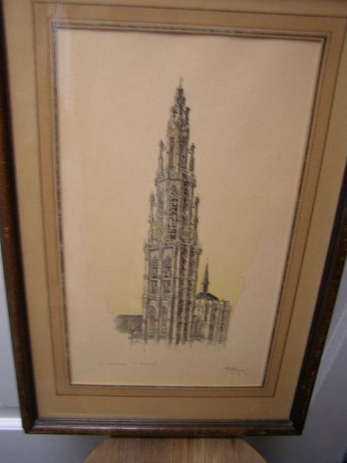 Pentekening Kathedraal Antwerpen (B) ingelijst, gesigneerd, Antiek en Kunst, Kunst | Tekeningen en Foto's, Ophalen of Verzenden