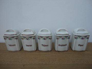 5 mooie brocante porseleinen voorraad potjes jaren 30 beschikbaar voor biedingen