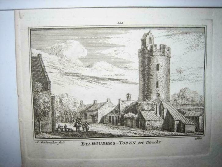 222 / Utrecht Bijlhouders toren Kopergravure 18e eeuw, Antiek en Kunst, Kunst | Etsen en Gravures, Ophalen of Verzenden
