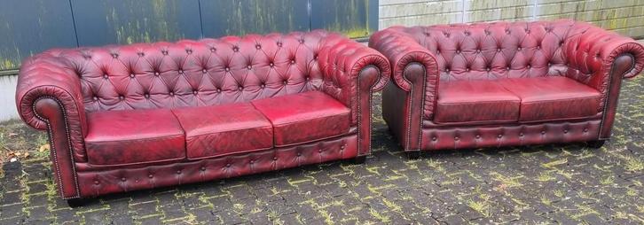 Chesterfield 3+2 Zits Bankstel Rood - Gratis Bezorging!, Huis en Inrichting, Banken | Bankstellen, Gebruikt, Rechte bank, 75 tot 100 cm