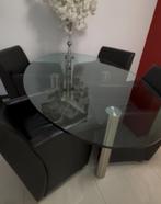 Glazen Eettafel met 4 echt leren  feauteuls, Ophalen of Verzenden, Zo goed als nieuw, Ovaal, 150 tot 200 cm