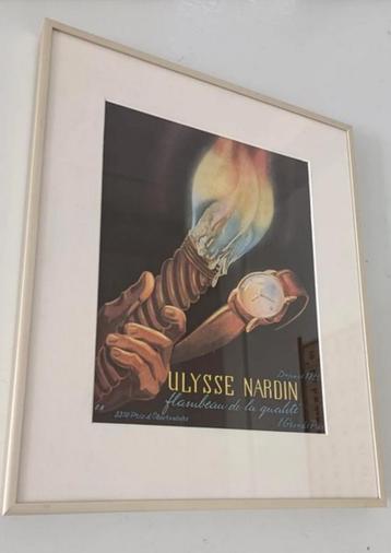 ingelijste mid century vintage horloge advertentie Ulysse beschikbaar voor biedingen