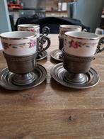 Antieke Theekopjes met Tinnen Houders - Set van 4, Ophalen