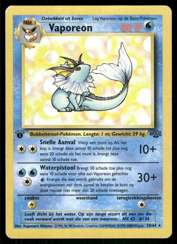 Vaporeon 28/64 - Jungle (1st edition) (NL) (EX), Hobby en Vrije tijd, Verzamelkaartspellen | Pokémon, Gebruikt, Verzenden