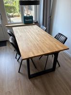Eettafel eiken met metalen poten en vier stoelen zwart leer, Ophalen, Gebruikt, 50 tot 100 cm, 150 tot 200 cm