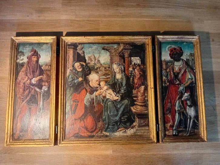 Oud Houten Drieluik - Aanbidding der Wijzen, Antiek en Kunst, Kunst | Schilderijen | Klassiek, Ophalen of Verzenden