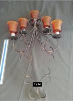 Mid-Century Gothic Iron, Wall Sconce Candelabra Kitsch 75, Ophalen of Verzenden, Glas