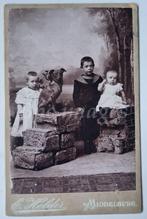 kabinetfoto meisje broertje baby en hond terrier Middelburg, Verzamelen, Foto's en Prenten, Gebruikt, Foto, Dier, Voor 1940