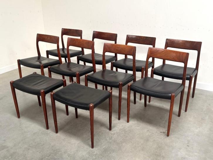 8x Møller eetkamer stoelen jaren 60 70 leer Deens design, Huis en Inrichting, Stoelen, Gebruikt, Vijf, Zes of meer stoelen, Hout