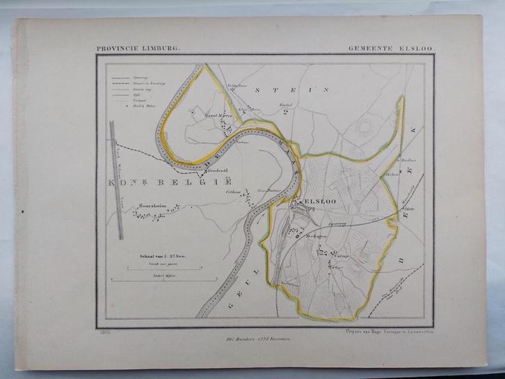 16 / Gemeente Elsloo Limburg Litho uit 1866 door J. Kuyper, Antiek en Kunst, Kunst | Litho's en Zeefdrukken, Ophalen of Verzenden