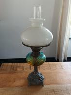Antieke petroleumlamp / Olielamp met lont kap en glas, Ophalen of Verzenden