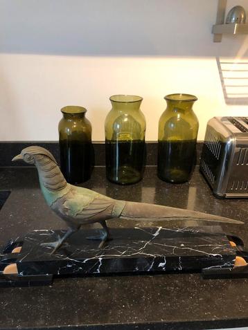 Antieke bronzen  art deco fazant  op marmeten sokkel beschikbaar voor biedingen