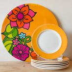 Retro kunststof Flower Power Schaal met 6 aardewerk Bordjes, Overige materialen, Nieuw, Ophalen of Verzenden, Schaal of Schalen