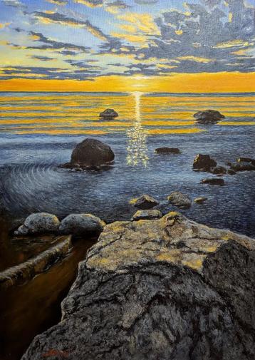 Groot schilderij "Zonsondergang aan zee"  beschikbaar voor biedingen