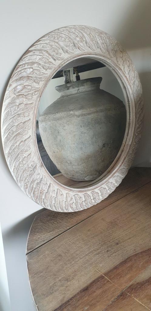 Hoffz, houtsnijwerk ronde spiegel, teak, Huis en Inrichting, Woonaccessoires | Spiegels, Nieuw, 50 tot 75 cm, Minder dan 100 cm